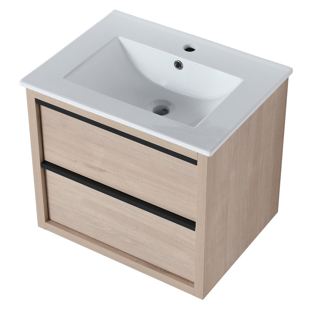English Elm 24" Modern Bathroom Vanity With 2 Soft-Close Drawers, White Ceramic Basin & Storage Box Solution W999S00071