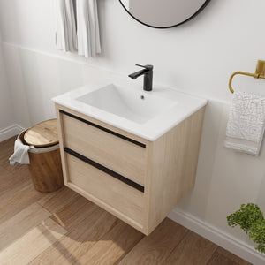English Elm 24" Modern Bathroom Vanity With 2 Soft-Close Drawers, White Ceramic Basin & Storage Box Solution W999S00071