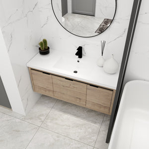 English Elm 48 48-Inch Floating Bathroom Vanity with Resin Sink, Soft-Close Doors & Drawer, Modern Wall-Mount Imitative Oak W99984814