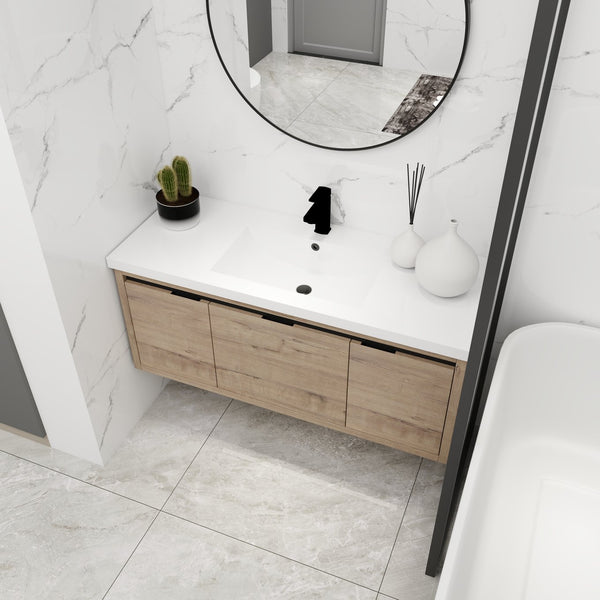 English Elm 48 48-Inch Floating Bathroom Vanity with Resin Sink, Soft-Close Doors & Drawer, Modern Wall-Mount Imitative Oak W99984814