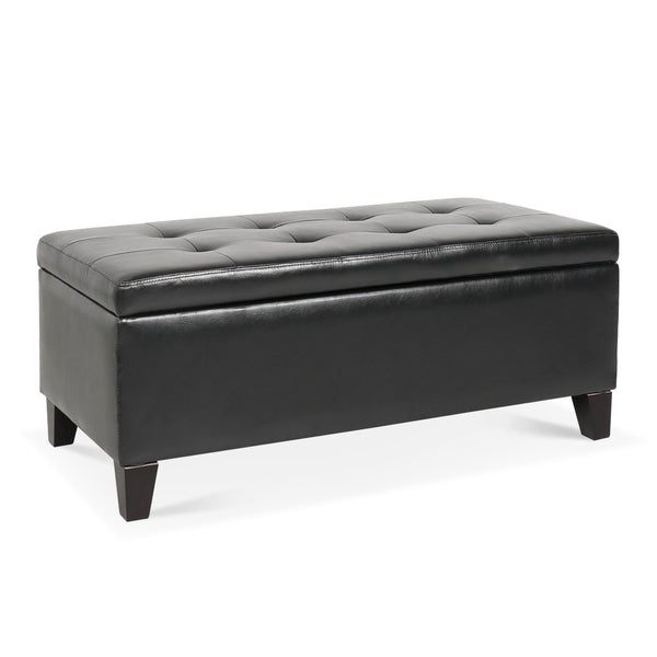 English Elm Storage Ottoman Faux Leather Lift Top Bench with Birch Legs for Bedroom or Living Room W68053161