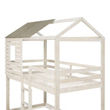 Hearth and Haven Twin over Twin Bunk Bed with Roof, Window, Guardrail and Ladder, Antique White