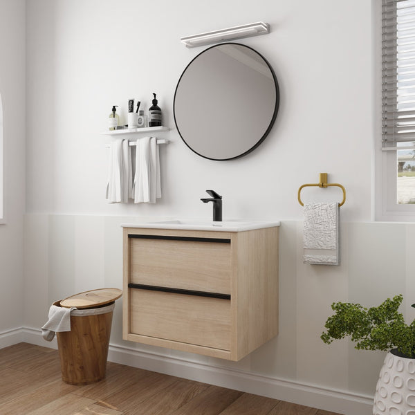 English Elm 24" Modern Bathroom Vanity With 2 Soft-Close Drawers, White Ceramic Basin & Storage Box Solution W999S00071
