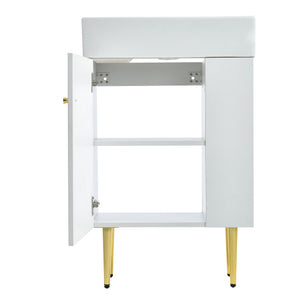 English Elm 21.6" White Bathroom Vanity with Ceramic Sink, Right Side Storage, Gold Legs, Soft-Close, Modern Elegance SV000006AAE