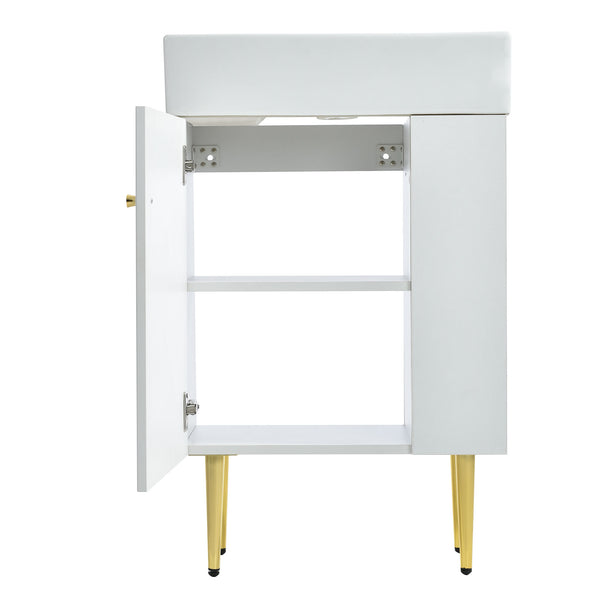 English Elm 21.6" White Bathroom Vanity with Ceramic Sink, Right Side Storage, Gold Legs, Soft-Close, Modern Elegance SV000006AAE