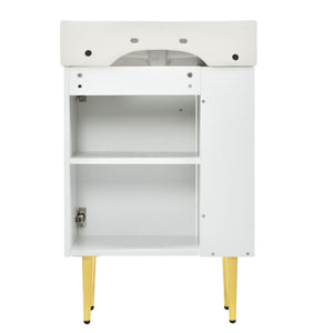 English Elm 21.6" White Left-Side Storage Bathroom Vanity with Ceramic Sink, Gold Legs, Soft-Close Door, Modern Design SV000007AAE