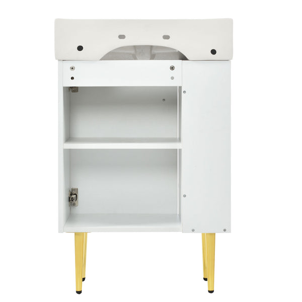 English Elm 21.6" White Left-Side Storage Bathroom Vanity with Ceramic Sink, Gold Legs, Soft-Close Door, Modern Design SV000007AAE