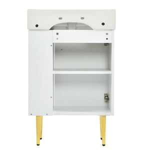 English Elm 21.6" White Bathroom Vanity with Ceramic Sink, Right Side Storage, Gold Legs, Soft-Close, Modern Elegance SV000006AAE
