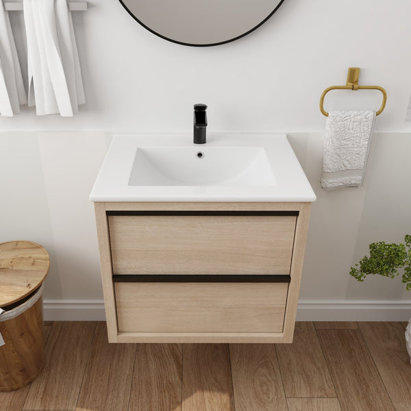English Elm 24" Modern Bathroom Vanity With 2 Soft-Close Drawers, White Ceramic Basin & Storage Box Solution W999S00071