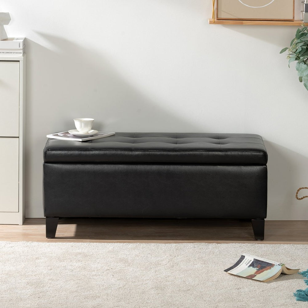 English Elm Storage Ottoman Faux Leather Lift Top Bench with Birch Legs for Bedroom or Living Room W68053161