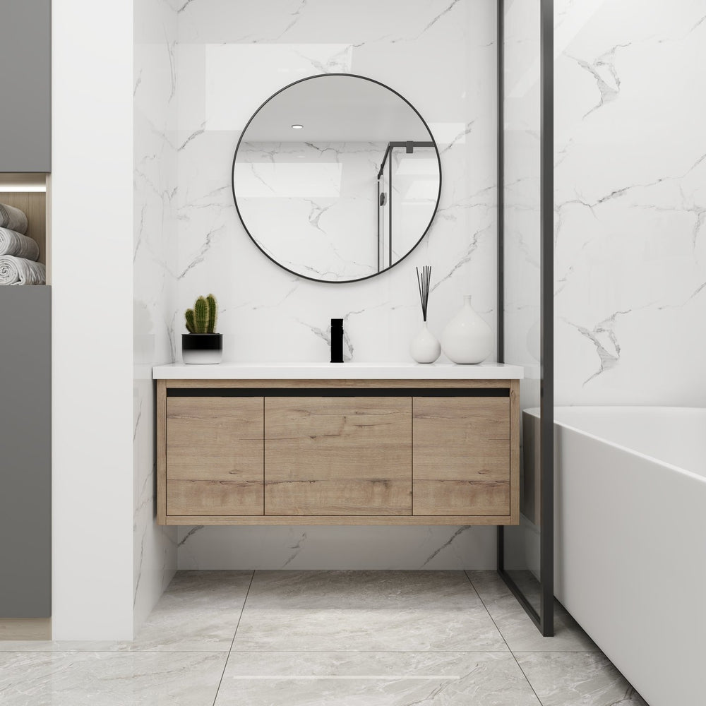 English Elm 48 48-Inch Floating Bathroom Vanity with Resin Sink, Soft-Close Doors & Drawer, Modern Wall-Mount Imitative Oak W99984814