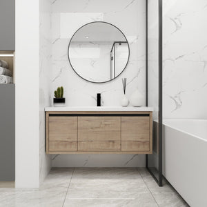 English Elm 48 48-Inch Floating Bathroom Vanity with Resin Sink, Soft-Close Doors & Drawer, Modern Wall-Mount Imitative Oak W99984814