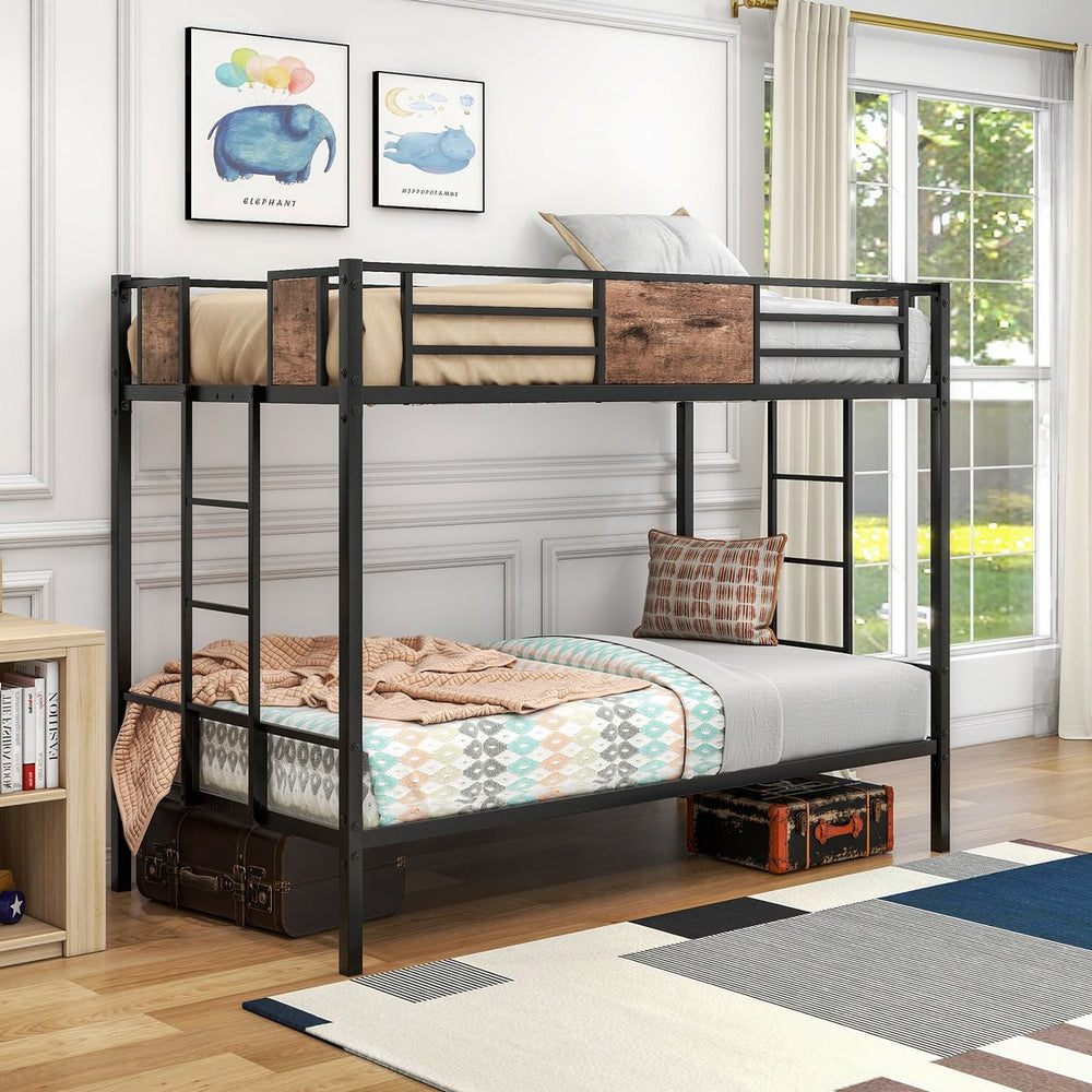 English Elm Twin Industrial Metal Bunk Bed Twin over Twin with Full-Length Guard Rails, Double Ladder, Vintage Brown W84083686
