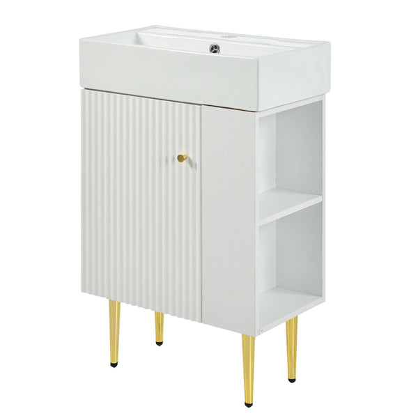 English Elm 21.6" White Bathroom Vanity with Ceramic Sink, Right Side Storage, Gold Legs, Soft-Close, Modern Elegance SV000006AAE