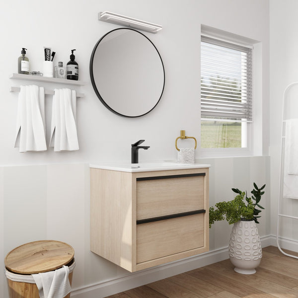 English Elm 24" Modern Bathroom Vanity With 2 Soft-Close Drawers, White Ceramic Basin & Storage Box Solution W999S00071