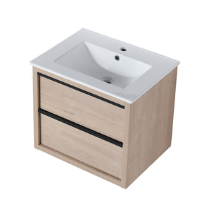 English Elm 24" Modern Bathroom Vanity With 2 Soft-Close Drawers, White Ceramic Basin & Storage Box Solution W999S00071