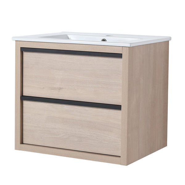 English Elm 24" Modern Bathroom Vanity With 2 Soft-Close Drawers, White Ceramic Basin & Storage Box Solution W999S00071