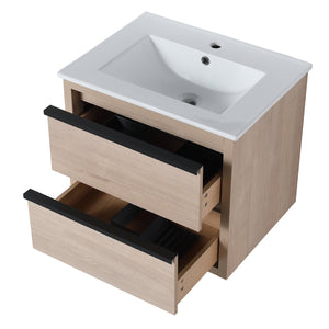 English Elm 24" Modern Bathroom Vanity With 2 Soft-Close Drawers, White Ceramic Basin & Storage Box Solution W999S00071