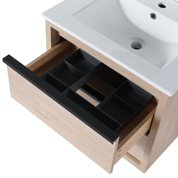 English Elm 24" Modern Bathroom Vanity With 2 Soft-Close Drawers, White Ceramic Basin & Storage Box Solution W999S00071