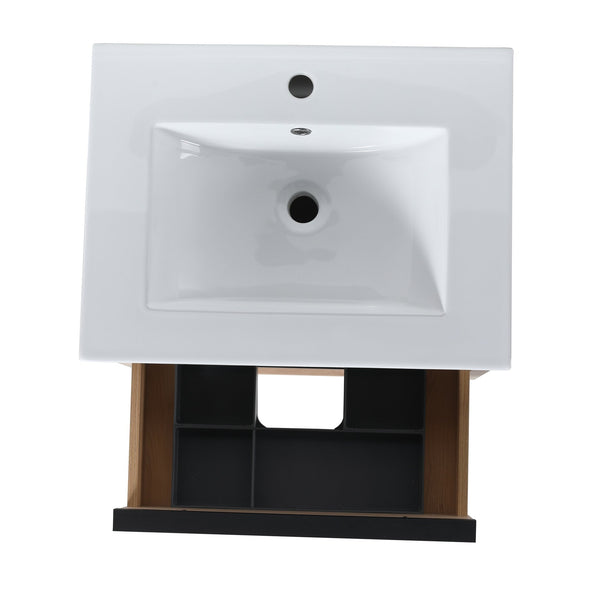 English Elm 24" Modern Bathroom Vanity With 2 Soft-Close Drawers, White Ceramic Basin & Storage Box Solution W999S00071