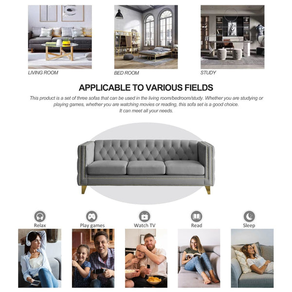 English Elm {contact Us for 3d Modeling} Grey Velvet Chesterfield Sofa Tufted Button Arms Copper Nailhead Gray W834S00570