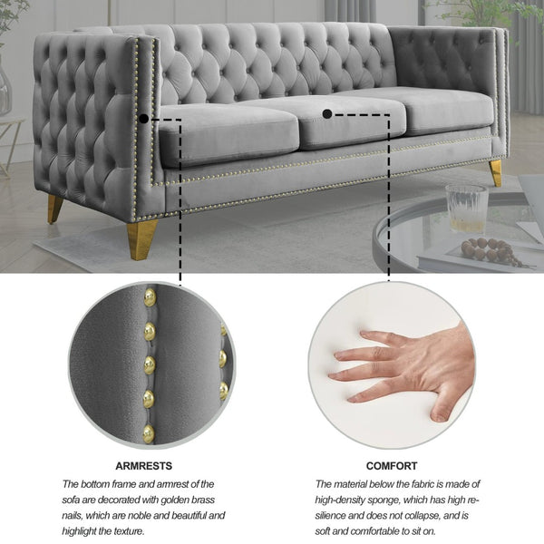 English Elm {contact Us for 3d Modeling} Grey Velvet Chesterfield Sofa Tufted Button Arms Copper Nailhead Gray W834S00570