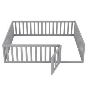 English Elm Queen Floor Bed Frame Pinewood Fence Enclosure with Hinged Door for Kids Room Gray WF299304AAE