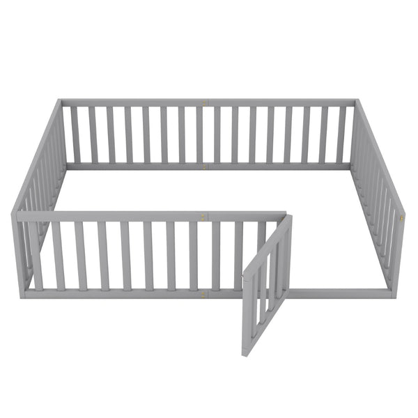 English Elm Queen Floor Bed Frame Pinewood Fence Enclosure with Hinged Door for Kids Room Gray WF299304AAE