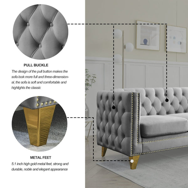 English Elm {contact Us for 3d Modeling} Grey Velvet Chesterfield Sofa Tufted Button Arms Copper Nailhead Gray W834S00570