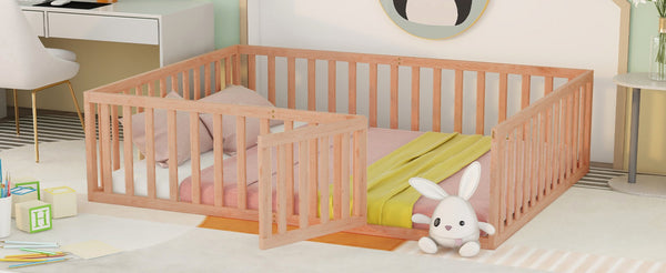 English Elm Queen Floor Bed Frame Pinewood Fence Enclosure with Hinged Door for Kids Room Natural WF299304AAM