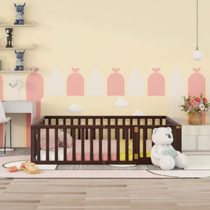English Elm Queen Floor Bed Frame Pinewood Fence Enclosure with Hinged Door for Kids Room Walnut WF299304AAL