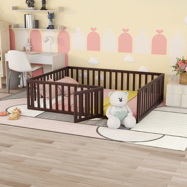 English Elm Queen Floor Bed Frame Pinewood Fence Enclosure with Hinged Door for Kids Room Walnut WF299304AAL