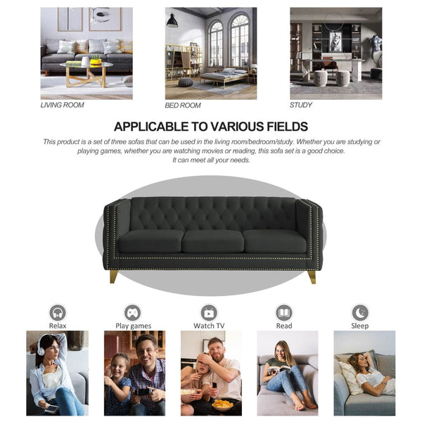 English Elm {contact Us for 3d Modeling} Grey Velvet Chesterfield Sofa Tufted Button Arms Copper Nailhead Black W834S00569