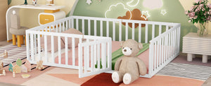 English Elm Queen Floor Bed Frame Pinewood Fence Enclosure with Hinged Door for Kids Room WF299304AAK