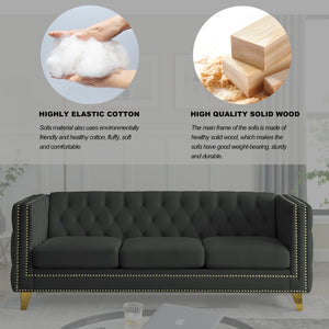 English Elm {contact Us for 3d Modeling} Grey Velvet Chesterfield Sofa Tufted Button Arms Copper Nailhead Black W834S00569