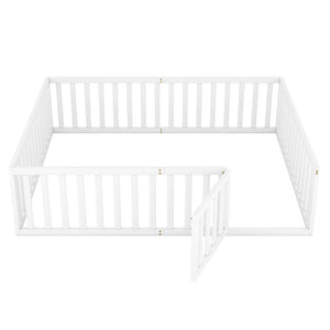 English Elm Queen Floor Bed Frame Pinewood Fence Enclosure with Hinged Door for Kids Room WF299304AAK