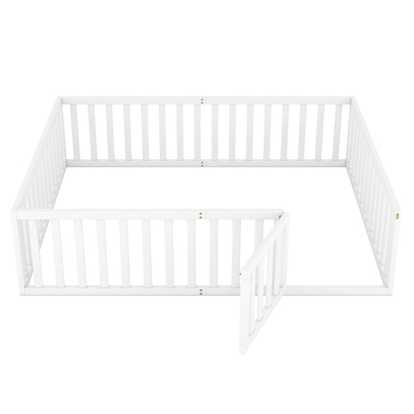 English Elm Queen Floor Bed Frame Pinewood Fence Enclosure with Hinged Door for Kids Room WF299304AAK