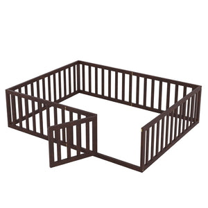 English Elm Queen Floor Bed Frame Pinewood Fence Enclosure with Hinged Door for Kids Room Walnut WF299304AAL