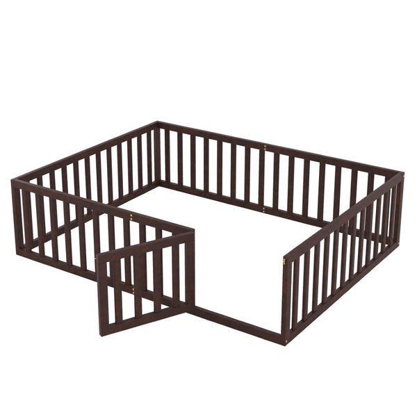 English Elm Queen Floor Bed Frame Pinewood Fence Enclosure with Hinged Door for Kids Room Walnut WF299304AAL