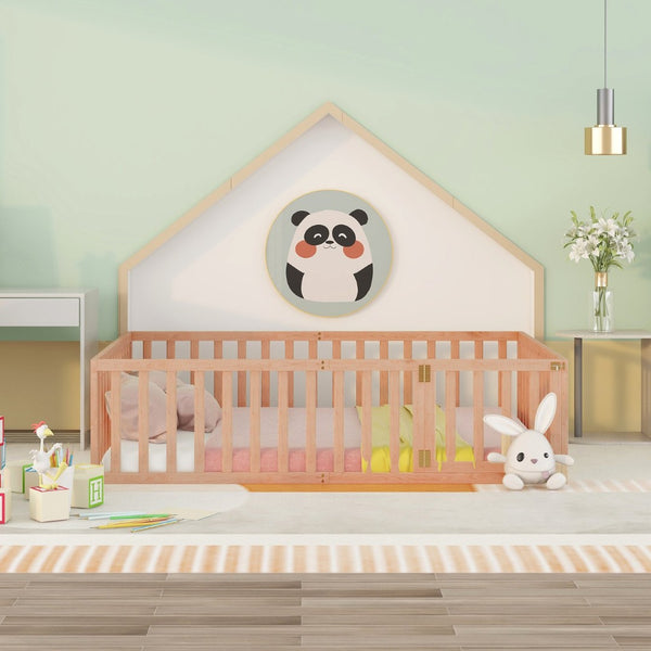 English Elm Queen Floor Bed Frame Pinewood Fence Enclosure with Hinged Door for Kids Room Natural WF299304AAM