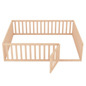 English Elm Queen Floor Bed Frame Pinewood Fence Enclosure with Hinged Door for Kids Room Natural WF299304AAM