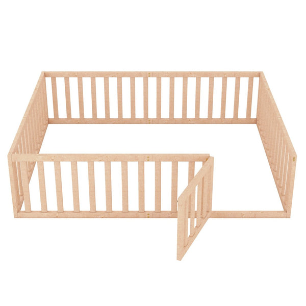 English Elm Queen Floor Bed Frame Pinewood Fence Enclosure with Hinged Door for Kids Room Natural WF299304AAM