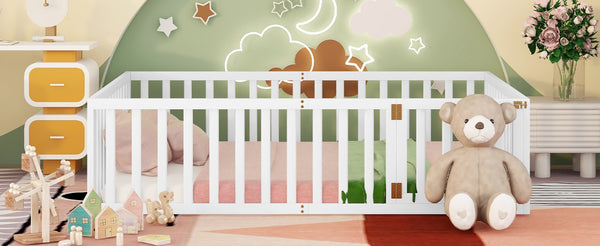 English Elm Queen Floor Bed Frame Pinewood Fence Enclosure with Hinged Door for Kids Room WF299304AAK