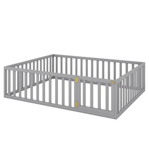 English Elm Queen Floor Bed Frame Pinewood Fence Enclosure with Hinged Door for Kids Room Gray WF299304AAE