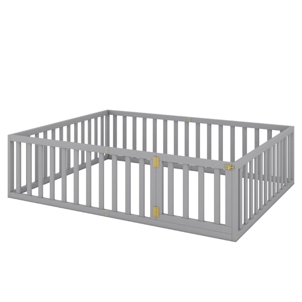 English Elm Queen Floor Bed Frame Pinewood Fence Enclosure with Hinged Door for Kids Room Gray WF299304AAE