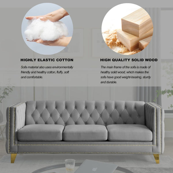English Elm {contact Us for 3d Modeling} Grey Velvet Chesterfield Sofa Tufted Button Arms Copper Nailhead Gray W834S00570