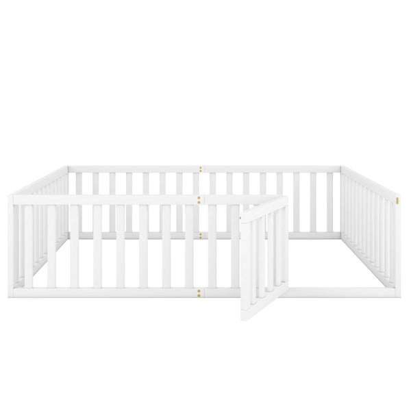 English Elm Queen Floor Bed Frame Pinewood Fence Enclosure with Hinged Door for Kids Room WF299304AAK