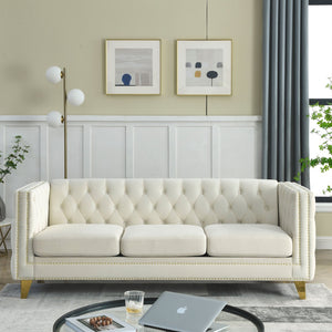English Elm {contact Us for 3d Modeling} Grey Velvet Chesterfield Sofa Tufted Button Arms Copper Nailhead Beige W834S00568