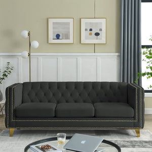 English Elm {contact Us for 3d Modeling} Grey Velvet Chesterfield Sofa Tufted Button Arms Copper Nailhead Black W834S00569