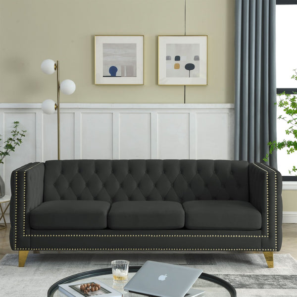 English Elm {contact Us for 3d Modeling} Grey Velvet Chesterfield Sofa Tufted Button Arms Copper Nailhead Black W834S00569